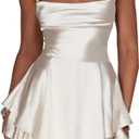 LuFeng Women's Elegant Satin A-line Summer Sleevesless Rompers Bandage Back Spaghetti Strape Tiered Mini Dress Jumpsuits (White) L