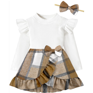 Baby Girls Autumn Outfit Sets Solid Color Long Sleeve Ruffle Romper + Plaid Skirt with Belt Size 0-3 M
