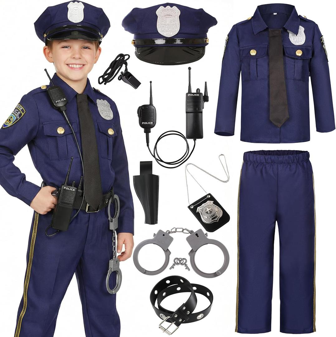 Police Costume for Boys Cop Uniform Costume for Halloween Cosplay Party Dress Up (Blue, XS)