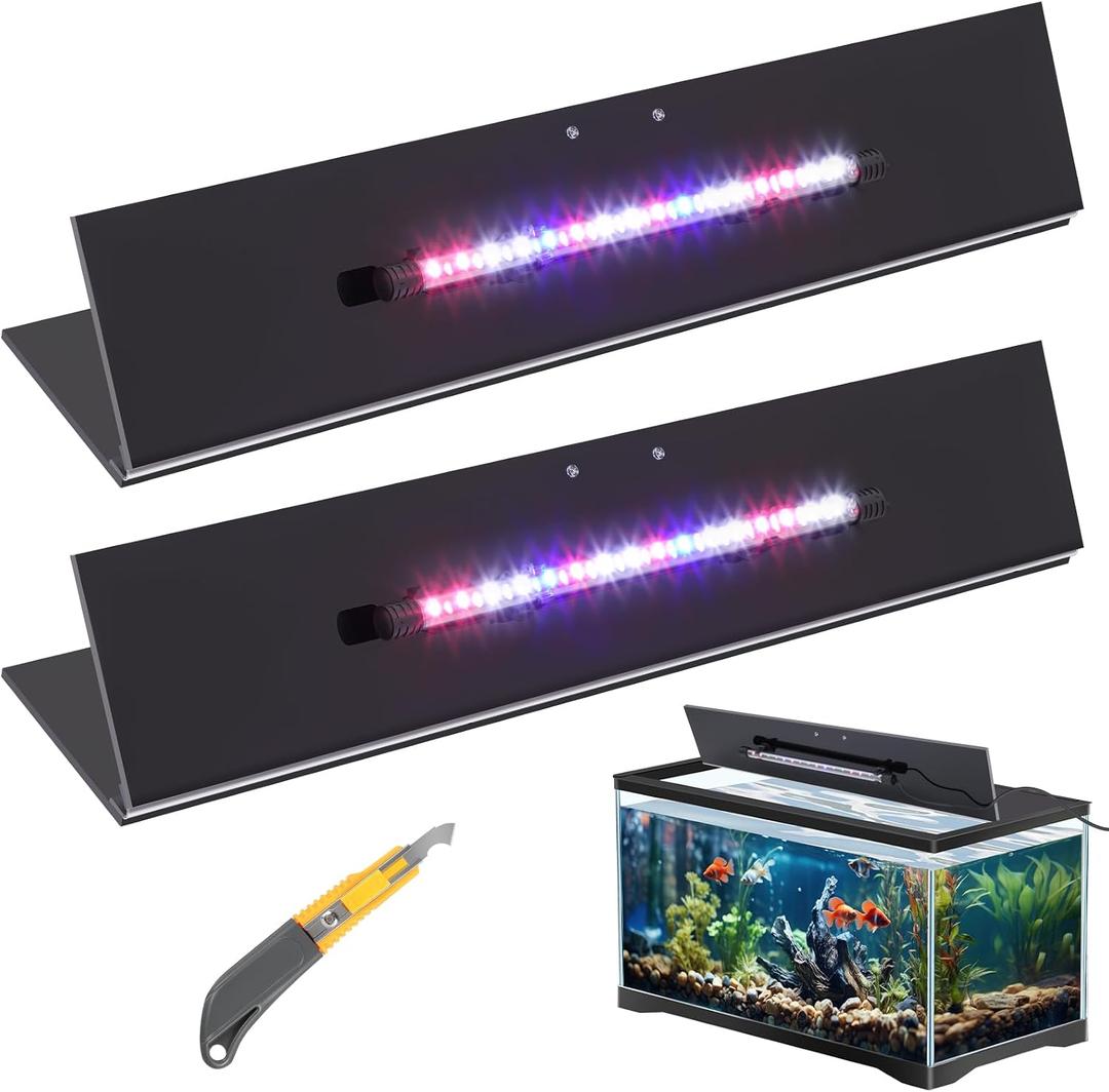 Sieral Aquarium Lids Polycarbonate Canopy with LED Light 2 Pcs Set 16.87 x 16.87 x 0.12 Inch for 50/65/84 Gallon with Center Brace Aquariums Cover Fish Tank Lid with a Hook Knife, Black