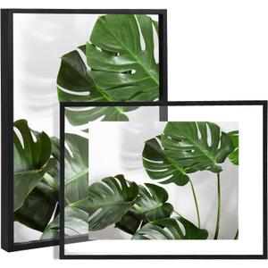 Fixwal 11x14 Set of 2 Black Floating Frames, Double Glass Picture Frame for Photos 11 x 14 or Smaller, Made of Solid Wood Frame, Glass Display Design, Desktop or Wall Display