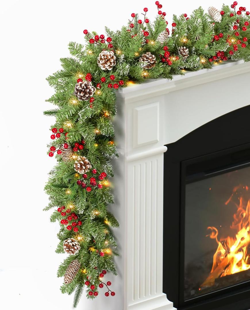 TigeJoy 9FT Prelit Christmas Garland with Warm LED Timer Lights, Frosted Pine Garland with Red Berries & Long Cedar Pinecones, 8 Modes 3AA Battery Operated Xmas Decor for Fireplace Doorway Porch