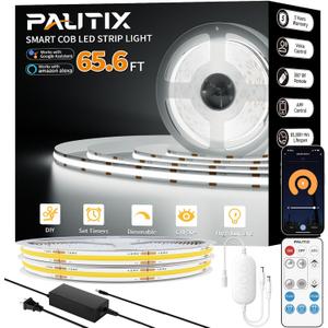 PAUTIX COB LED Strip Light 65.6ft/20m,Work with Alexa/Google Assistant,9600 LEDs Daylight White 6000K,CRI93+ Super Bright High Lumen,Dimmable 24V Flexible LED Light Strip,for Home&Office DIY Lighting