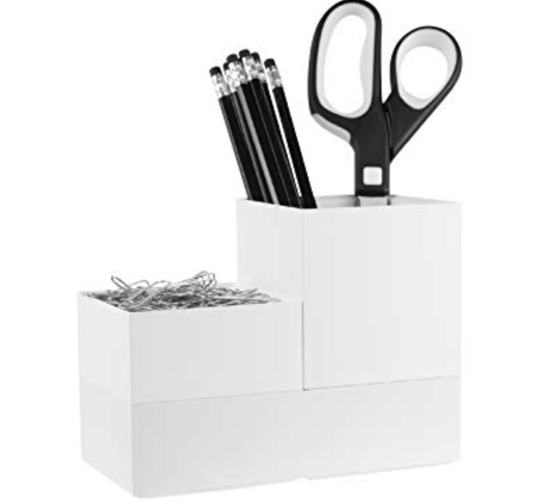 Bostitch Office Konnect Desk Organizer Accessory Tray & Storage Cup Bundle, Stacks for Desktop Storage, Makeup Organization, White