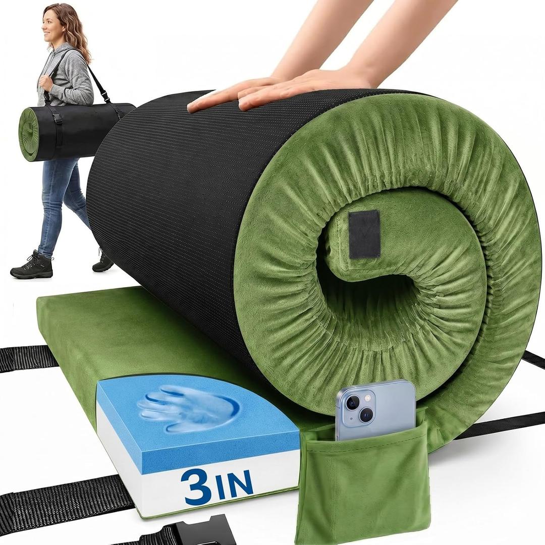 Camping Mattress Pad, 3 Inch Memory Foam Camping Mattress with Non-Slip Bottom & Washable Cover, Portable Roll Up Floor Camping Mat, Camping Sleeping Pad for Adults, Car Bed with Travel Bag