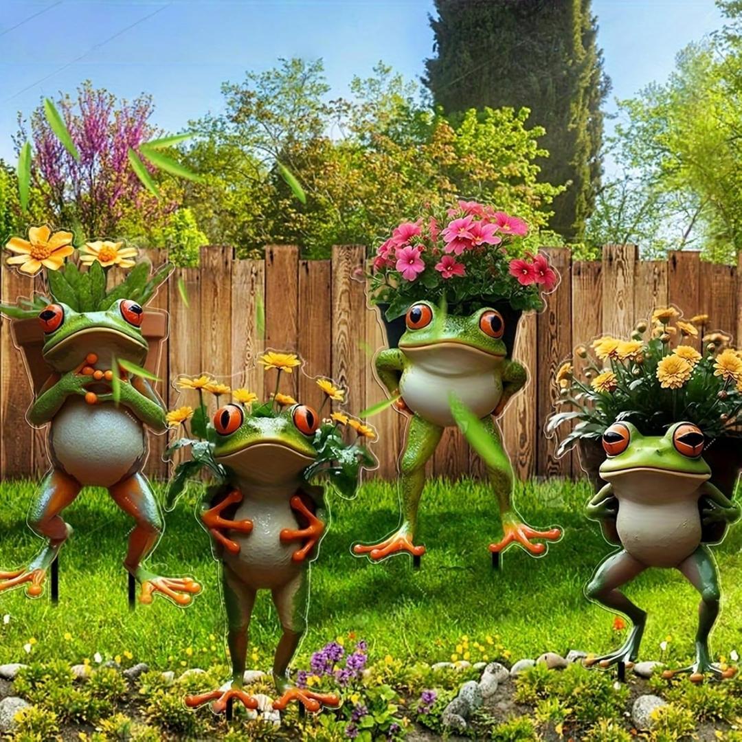4PCS Little Frogs Outdoor Garden Decoration Stakes -Acrylic Material Sturdy Construction, Artistic Style | for Courtyard, Lawn, Flower Pots | Year-Round Outdoor Use