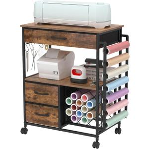 VENNQD Storage Cart Compatible with Cricut Machines Stand Cutting Machine Stand with Drawers and Vinyl Roll Holder Rolling Craft Cabinet Table for Cricut Craft Workstation (Rustic Brown)