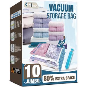 HIBAG Vacuum Storage Bags, 10 Jumbo Space Saver Vacuum Seal Bags, Space Bags, Vacuum Sealer Bags for Clothes, Comforters, Blankets, Bedding (10J)