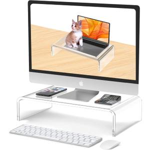 Acrylic Monitor Stand Riser Acrylic Laptop Stand for Desk Clear Computer Monitor Stand for Desk Accessories White Aesthetic Decorations for Office Home iMac Organizer, 14x7.5x4''