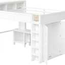 Merax Queen Loft Bed Frame with Desk and Wardrobe, Headboard with Storage & Charging Station, Wood Loft Bunk Bed with Solid Slats & Guardrail, No Box Spring Needed, Space-Saving, Noise Free, White