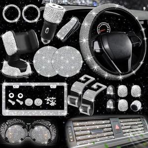NBTEPEM 9 PCs Bling Car Accessories Set for Women, Steering Wheel Covers Universal Fit 15 Inch, Bling License Plate Frame, Bling Phone Holder, Bling Car Coasters (Silver Diamond)