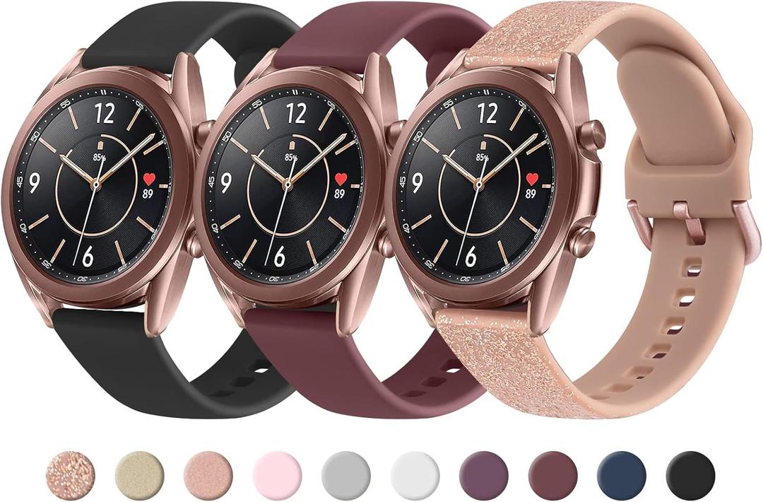 Meliya Band for Samsung Galaxy Watch 3 Bands 41mm Women Men, 20mm Soft TPU Sport Strap Replacement Band for Galaxy Watch 3 41mm (Black+WineRed+Glistening Rose Gold)