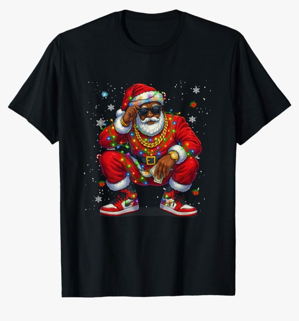 African American Christmas Pajama Xmas Afro Santa Claus PJ T-Shirt, Size: 4X