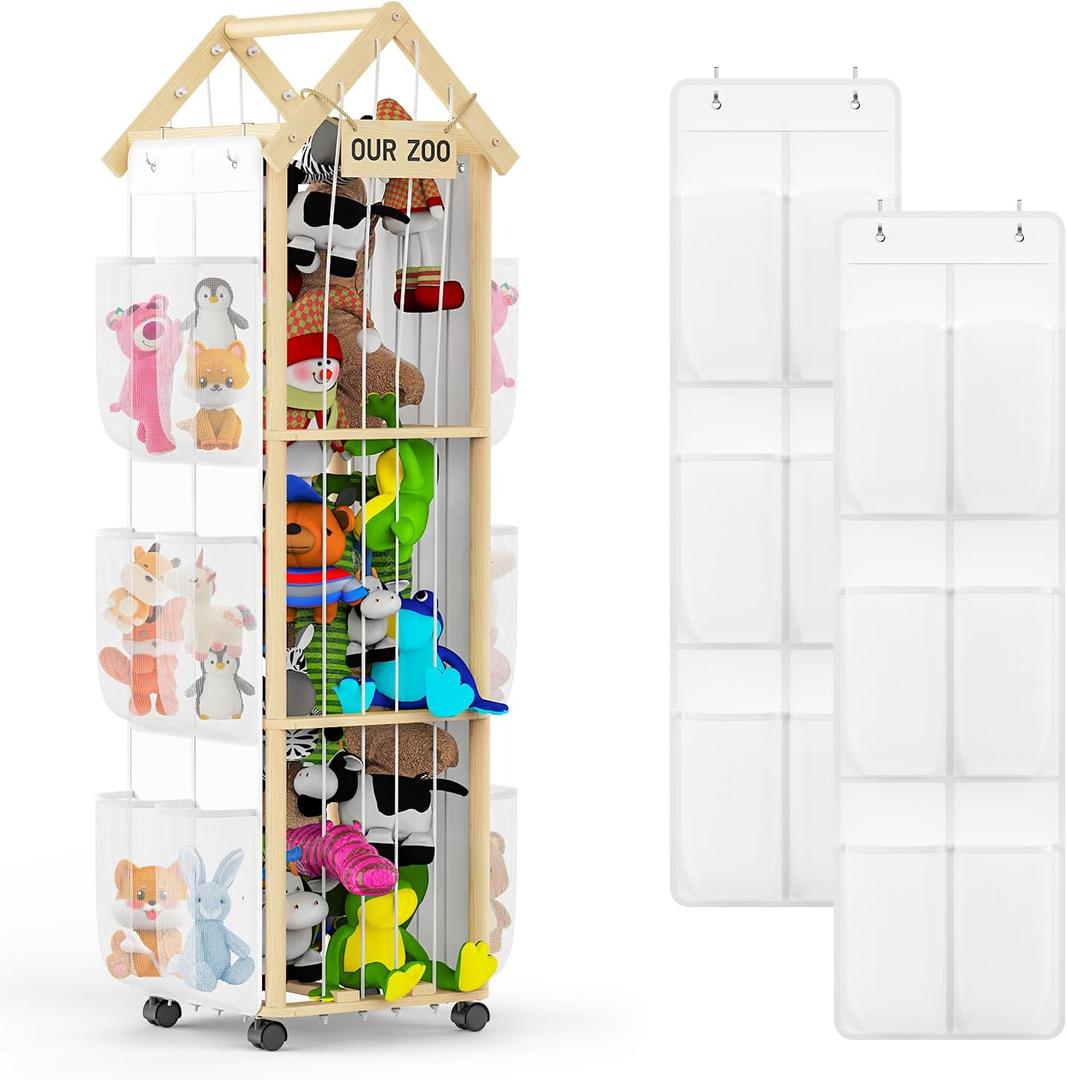 Stuffed Animals Storage Zoo, 2in1 Wooden Stuffed Animal Cage with Storage Bags, Large Soft Toy Organizer with Wheel, Stuffed Animal Tower Holder for Playroom Bedroom Nursery Room Kid Room