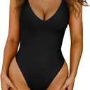 LASLULU Womens One Piece Swimsuit Padded Sexy V Neck Swim Suits Modest Tummy Control Bathing Suits (Medium, Black)