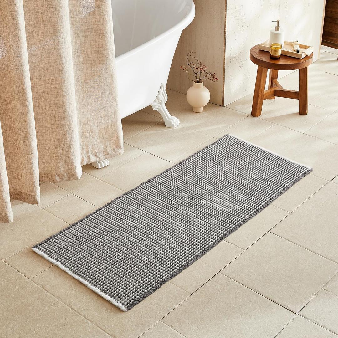 Waffle Runner Rug Bathroom, Long Boho Bathroom Rugs Non Slip Washable Super Absorbent Quick Dry Farmhouse Bath Decor, 60"x24" Grey and White