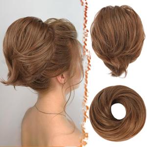 BARSDAR Straight Hair Bun Extensions - Synthetic Fully Short Ponytail Hair Bun Extensions for Women - Elastic Messy Bun Hair Scrunchies Hairpieces Daily - Golden Copper & Light Brown
