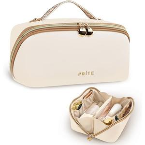 Prite Makeup Bag for Women Travel Waterproof Vegan Leather Cosmetic Bag Open Flat Toiletry Bag With Clear Divider and Handle (Beige)