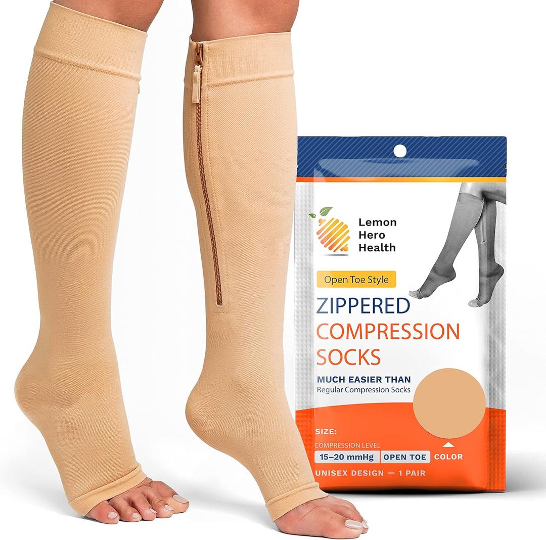 Lemon Hero Zipper Compression Socks 15-20 mmHg Open Toe, Medical Zip Up Compression Stockings for Women and Men - Improves Blood Circulation, Relieves Pain & Swelling (Medium, Beige)