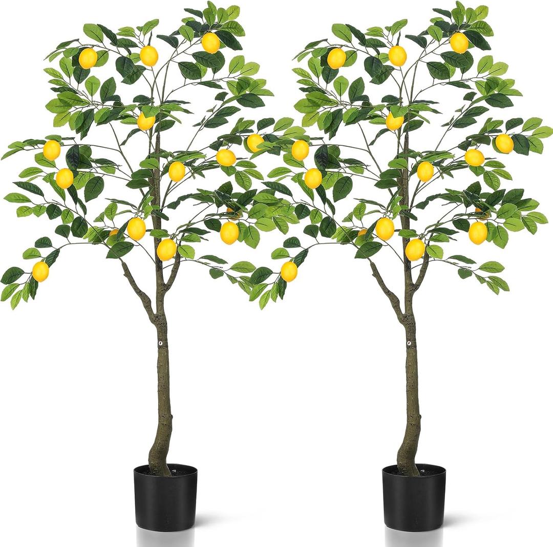 Jexine 2 Pack Artificial Lemon Tree 4 ft Tall Fake Plant Pre Potted Faux Lemon Tree Realistic Fruits for Indoor Home Decor Office Living Room