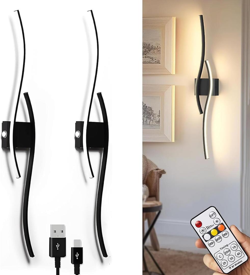 Battery Operated Wall Sconce Set of 2, Modern Wireless Sconces with Remote, Black Rechargeable Wall Lights Dimmable Battery Cordless Wall Sconces for Bedroom Living Room Hallway Timing(39.4 Inch)