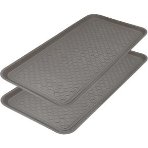 Finorder Multi-Purpose Utility Boot Trays with Striped, Set of 2 Grey Duty Shoe Trays for All Weather, Plastic Pet Feeding Mat, Use for Indoor and Outdoor, 30" x 15" x 1.2"
