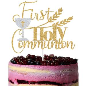2 x First Holy Communion Cake Topper, My Baptism Cake Decor, Baby Shower/Christening Party Decorations, Spanish Wedding/Bridal Shower Decorations Glod & Silver Glitter