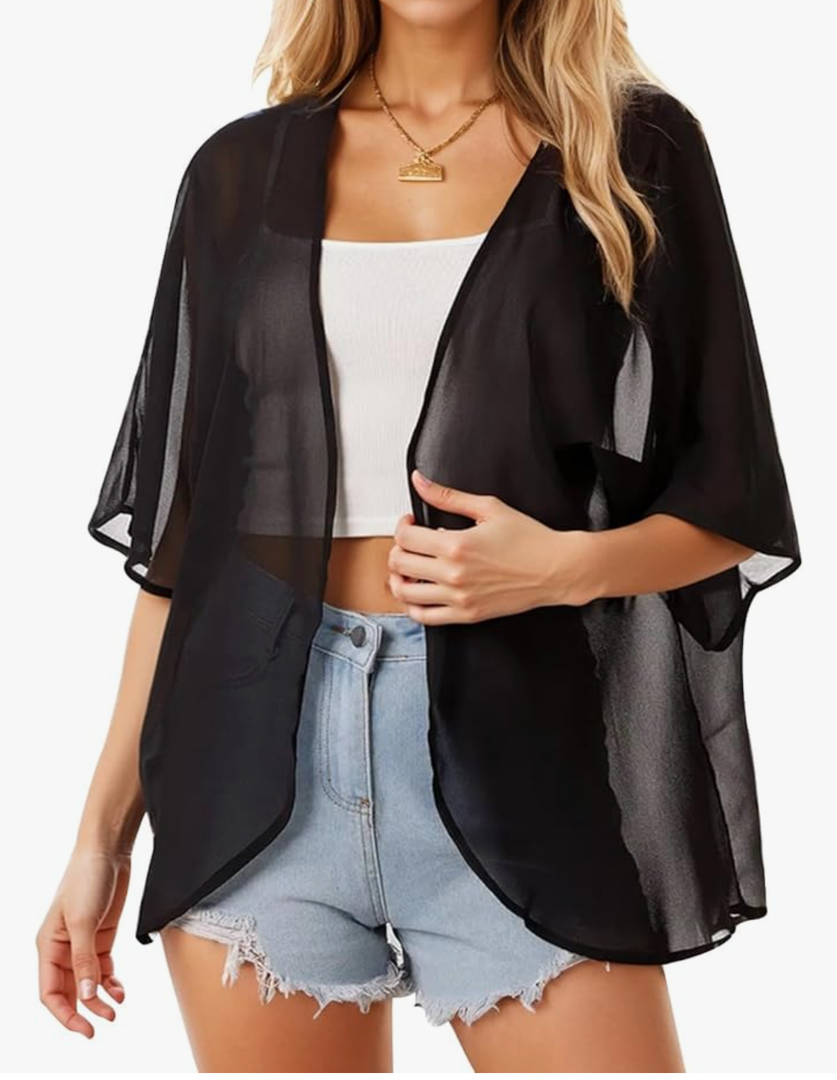 Women's Floral Print Puff Sleeve Kimono Cardigan Loose Cover Up Casual Blouse Tops,L