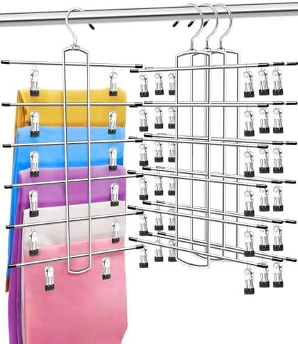 3 Pack Closet Organizers and Storage,6 Tiers Skirt Pants Hangers with Clips Space Saving for Home Organization and Storage,College Dorm Room Essentials for Girls Guys,Wardrobe Clothes Organizer 3 Pcs