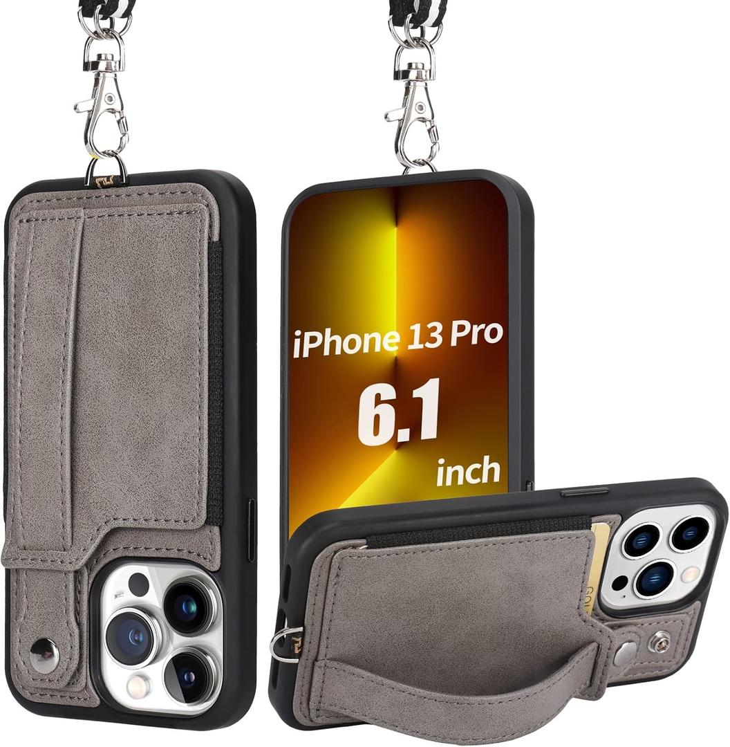 TOOVREN iPhone 13 Pro Case with Card Holder Wallet Case with Leather Kickstand Hand Strap, Adjustable Detachable iPhone Lanyard Protective Cover for Apple iPhone 13 Pro 6.1" (Gray)