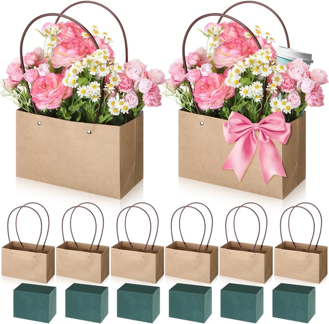 6 Set Flower Gift Boxes with Floral Foam Blocks, Bouquet Carrier Bags with Handle, Paper Flower Box for Bouquet, Floral Arrangement Box for Birthday, Wedding, Mother's Day Party Favor(Brown)