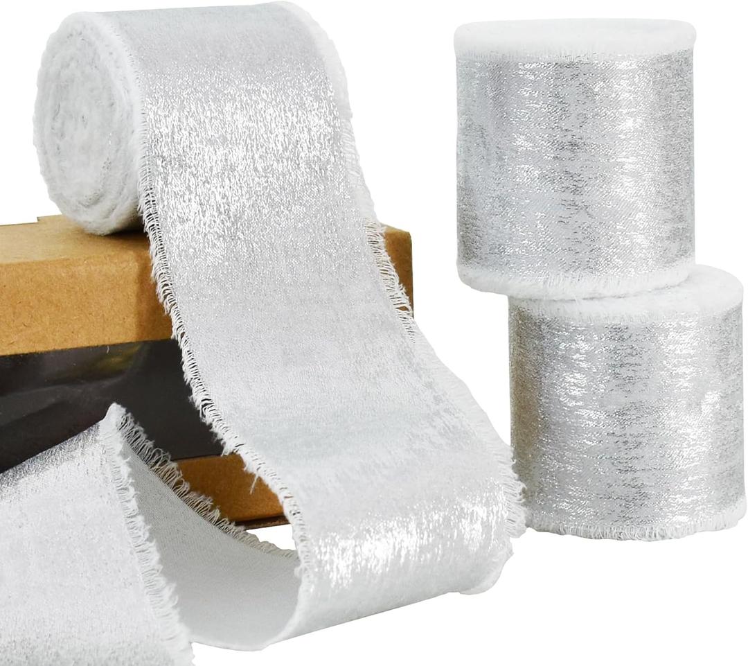 3 Rolls White Glitter Chiffon Ribbon, 1.5 Inch 15 Yards Silver Silk Frayed Ribbon for Flower Bouquet, Gift Wrapping, Wedding, Birthday Party Decor