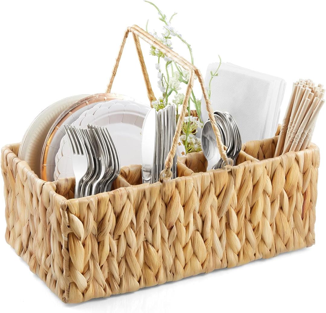 Silverware Holder for Party, Wicker Utensil Caddy, Woven Picnic Caddy for Plates, Water Hyacinth Cutlery Basket, Hosting Essentials Organizer