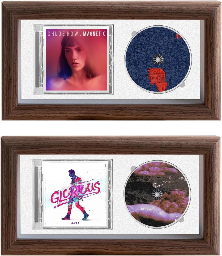 2 PCS CD Music Frame 12.6'' X 6.7'' Wooden Disc Display Frame with White EVA Foam, Wall Mount&Tabletop Double Groove Signed CD Display Frame for Music Enthusiast