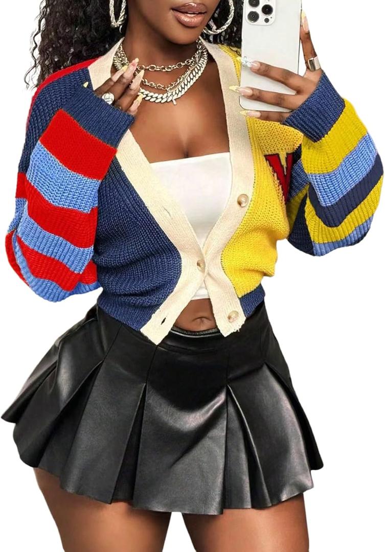 SHENHE Women's Color Block Knit Cardigan Open Front Button Down V Neck Cropped Sweater Knitwear Small