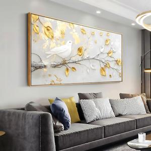 Solid wood frame abstract Wall Art White bird with golden leaves abstract Framed Ready to Hang Wall Art Modern artwork Fantasy Paintings Wall Art Prints Canvas Painting 20"x40"Large Size for Living Room Bedroom Office Decoration