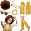 8pcs 70s Disco Accessory Set for Women- Afro Wig, Earrings, Necklace, Bracelet, Sunglasses & Sequin Leg Cover
