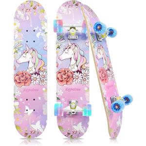 Standard Skateboards with Colorful Flashing Wheels for Beginners, Kids,Teens, 7 Layer Maple Complete Skateboard for Girls Boys, 31" x 7.8" Double Kick Concave Kids skateboard with Skate T-Tool