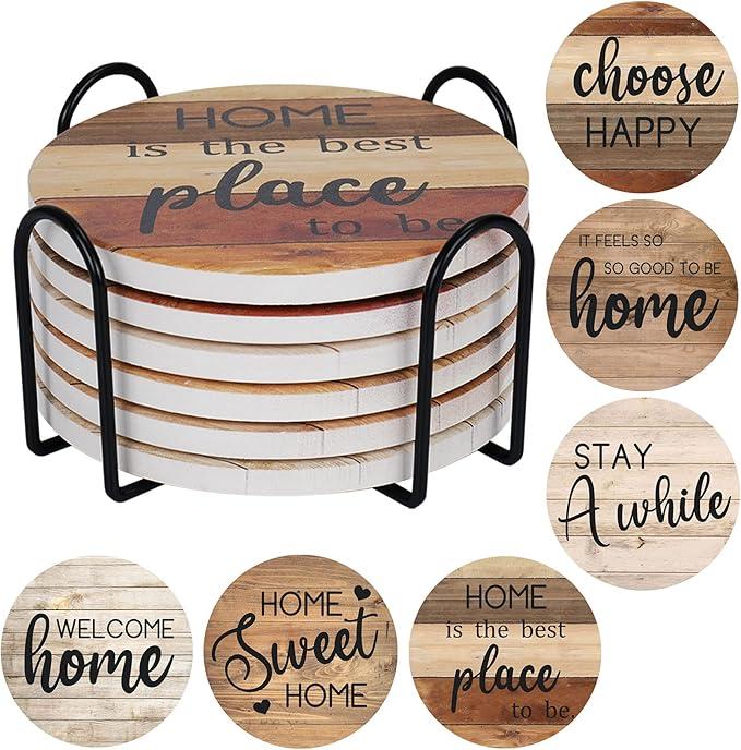 Coasters for Drinks Absorbent with Holder, 8 Pcs Ceramic Rustic Farmhouse Drink Coasters for Coffee Table Tabletop Protection, Housewarming Gift New Home Decor