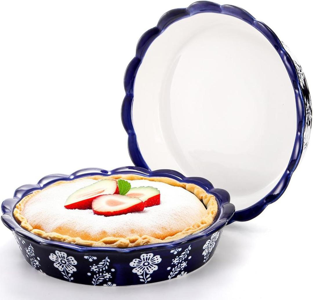 Tosnail 2 Pack 9.5" Ceramic Pie Pan, Deep Pie Dish, Fancy Pie Plates, Nonstick Large Quiche Pan Round Baking Dish for Fruit Tarts, Apple Pies, Cakes, Quiches