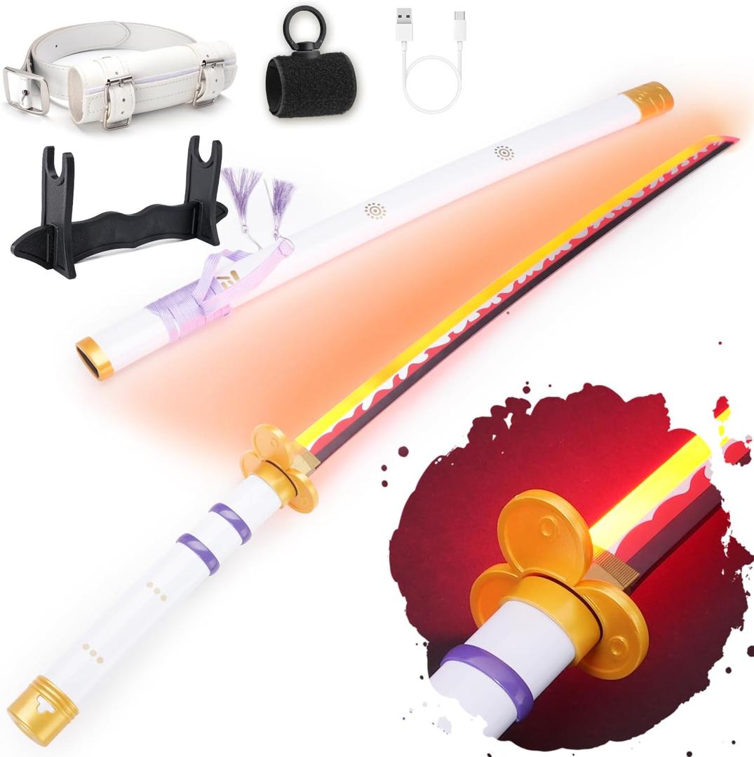 RENGENG Light Up Sword, 40 Inches Rechargeable Pre-Assembled Plastic Replica Anime Sword with Belt & Stand & Spinner