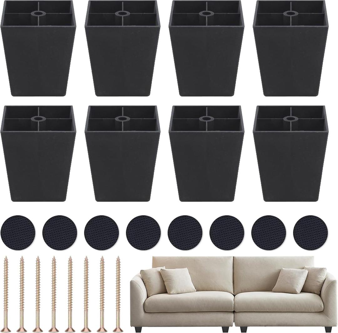 3 inch Square Tapered Plastic Furniture Legs,8 Pack Sofa Legs Replacement with Mounting Screw for Sofa TV Stand Ottoman Couch Cabinet,Black (8, 3 inch)