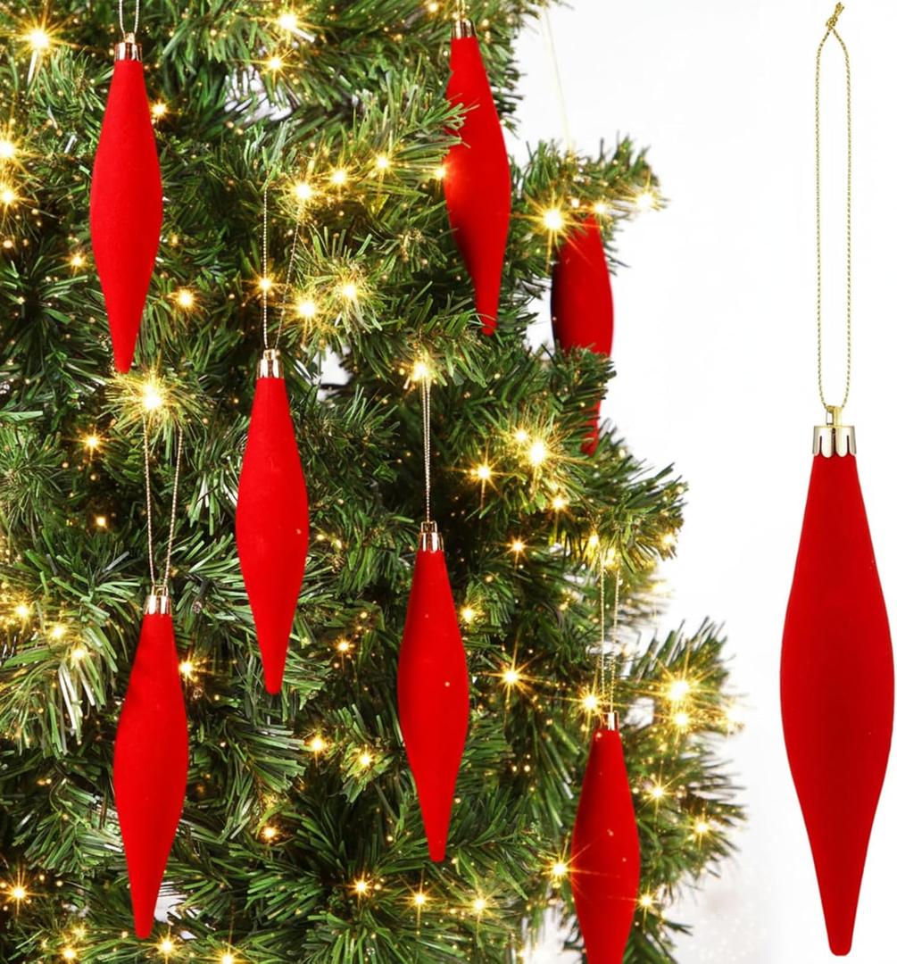 Soulchen 12 Pcs 6 Inch Velvet Finial Burgundy Christmas Ornaments Shatterproof Finish Finial Drop Hanging Ornaments Decoration for Christmas Tree Decorative Wedding Holiday Party(Red)