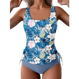 B2prity Tummy Control Tankini Swimsuit for Women Ruched Two Piece Bathing Suit Drawstring Swimwear with Bottom size L