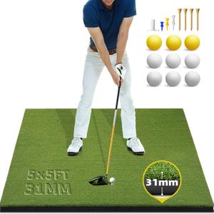 Bltend Golf Mat: 5x5ft 31MM Thick Heavy-Duty Golf Hitting Mats Practice Outdoor/ Indoor, Elite Artificial Turf Mat with 9 Balls, 8 Tees for Driving, Swing in Backyard/ Garage/ Basement/ Simulators