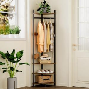 GiftGo Corner Hall Tree with Shoe Rack Entryway Coat Rack with 6 Metal Movable Hooks Floor Standing Clothes Rack Organizer for Home Office Bedroom (Rustic Brown)