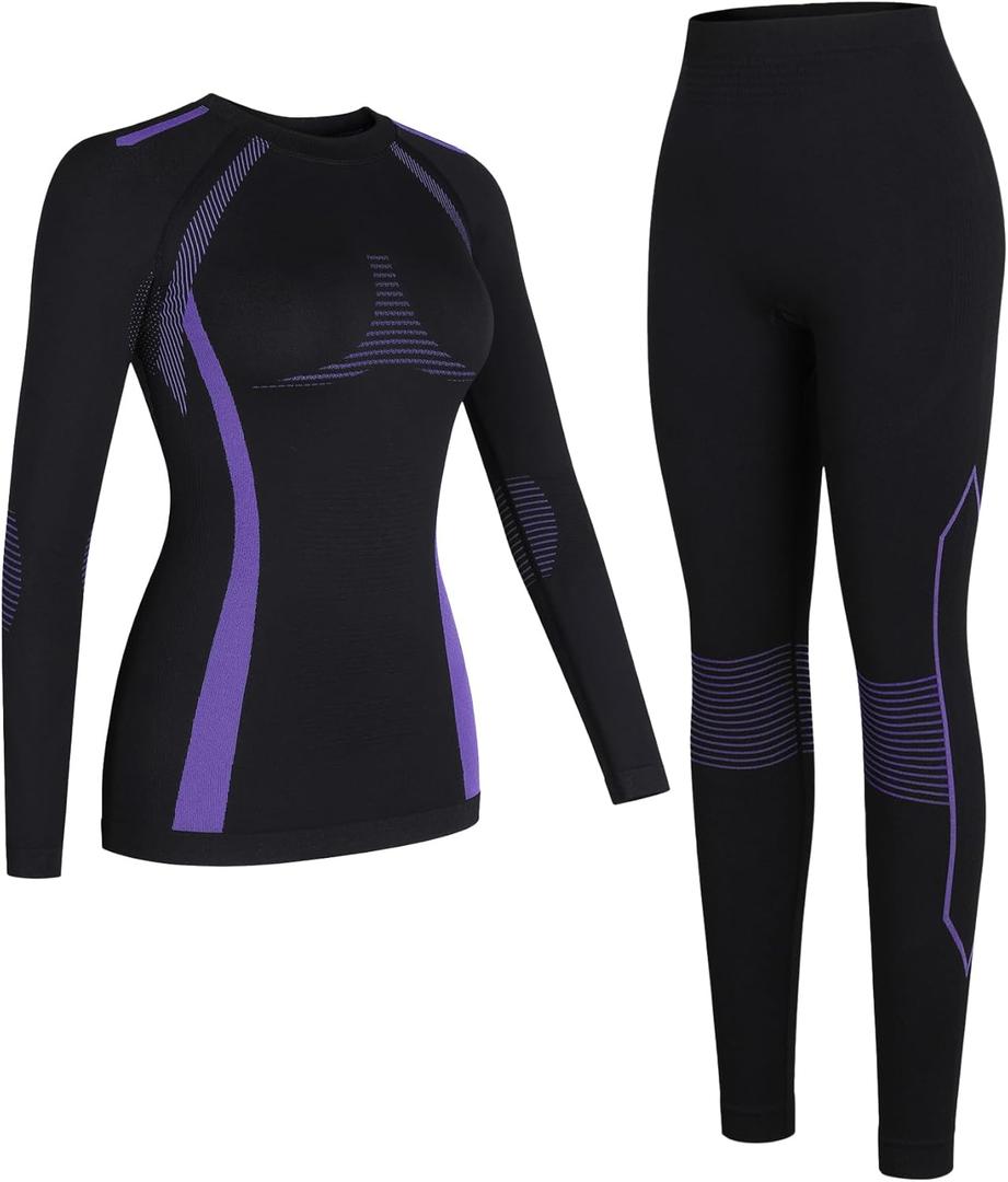 ATTRACO Thermal Underwear Set Womens Long Johns Warm Base Layer Top Bottom for Cold Weather Clothes (Small, Black Purple)
