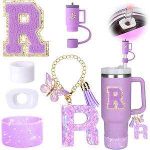 2 x Mity rain 6PCS Cup Accessories Set for Stanley Cup 30oz 40oz tumbler with handle, Including Silicone Straw Topper Cover Cap and Boot, Spill Proof Stopper, Handle Charm, Initials Sticker (Letter R)