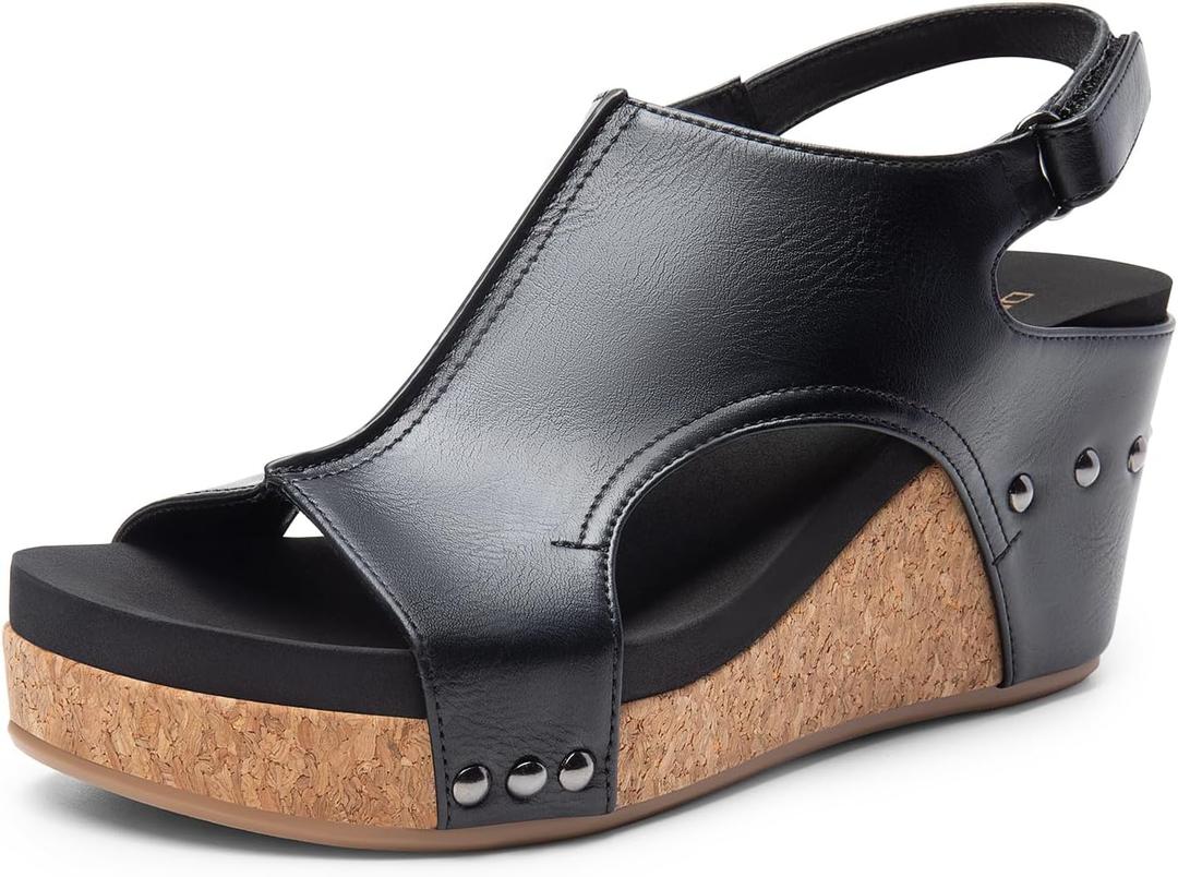 DREAM PAIRS Women's Platform Wedge Sandals, Comfortable Peep-Toe Cork Casual & Dressy Summer Lightweight Shoes for All Day Wear (7, Black)