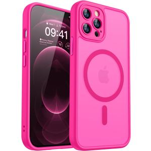 CANSHN Magnetic Compatible with iPhone 12 Pro Case, Upgraded [Full Camera Protection] [Compatible with Magsafe] [Translucent Matte] Shockproof Protective Phone Cover 6.1 Inch - Hot Pink